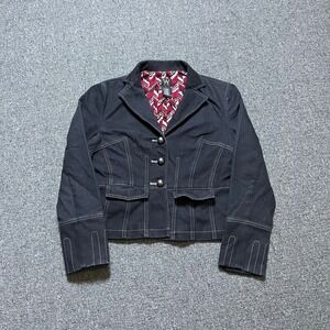 Work to Weekend Denim Blazer 4‎ Black Contrast Stitch Cropped Jacket Y2K